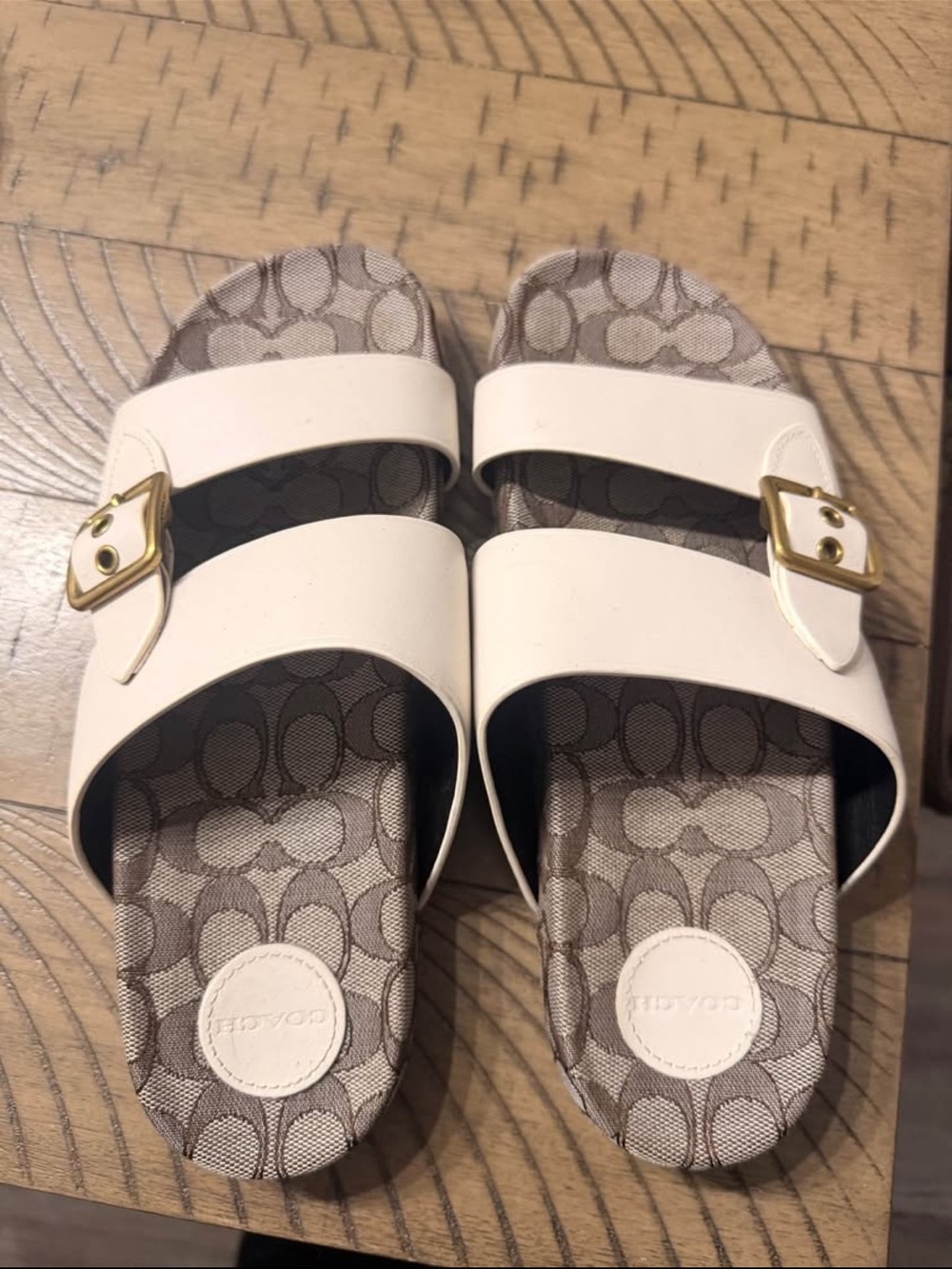 Coach Cream Double-Band Slide Sandals with Gold Buckles